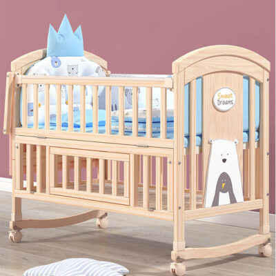 Multi-Function Wooden Baby Crib with Adjustable Height, Swivel Wheels, and Rocking Feature