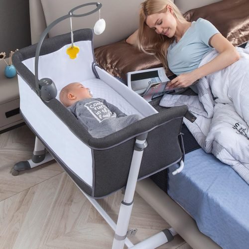 Baby bassinet bedside sleeper with wheels, 9 adjustable heights & music Box