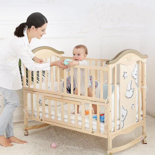 Transformable Wooden Crib with Extendable and Swinging Features for Children
