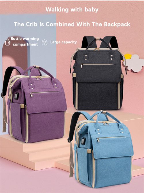 سرير أطفال قابل للطي 3 في 1، سرير أطفال قابل للطي 3 في 1، وحامل سفر خارجي وحقيبة ظهر لحفظ الحفاضات