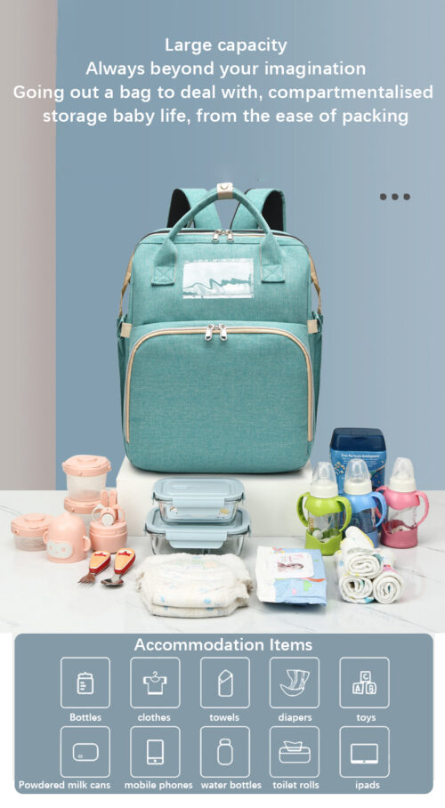 Mother and Baby Diaper Bag with portable Folding Bed