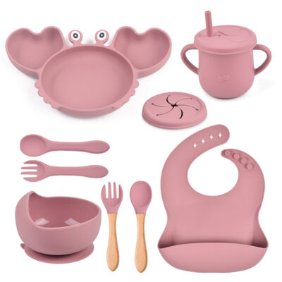 All-in-One Silicone Baby Feeding Set - Crab-Shaped Dinner Plate, Bowl, Fork, Spoon & Mug