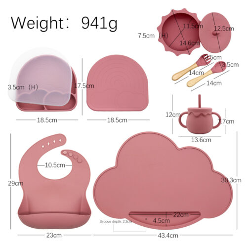 Food Grade Silicone Cloud & Rainbow Baby Feeding Set - Includes Divided Plate, Water Mug, Bib & Lid