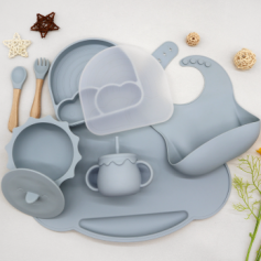 Food Grade Silicone Cloud & Rainbow Baby Feeding Set - Includes Divided Plate, Water Mug, Bib & Lid