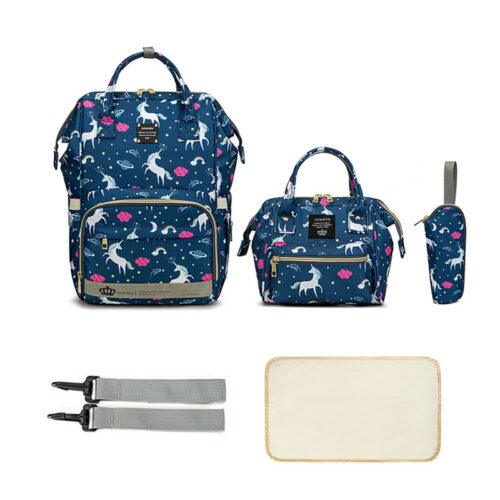 Portable 3 in 1 expandable baby diaper backpack with changing station - Horse Blue