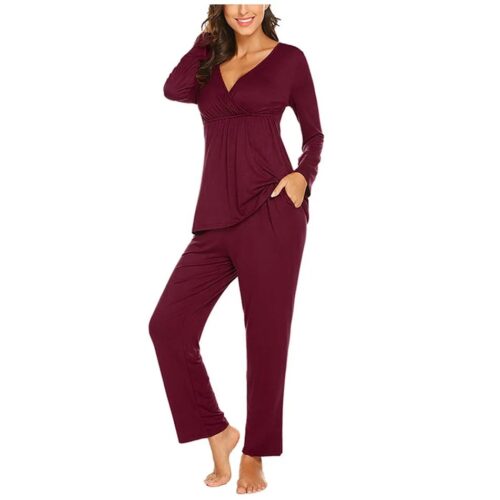 Pregnancy Sleepwear Set: Cozy Long Sleeve Top & Pants - M, Burgandy